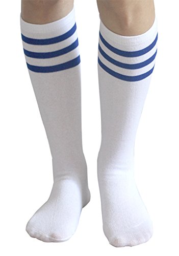 Eleray Unisex Triple Stripes Soft Cotton Knee High Tube Socks (Blue+White)