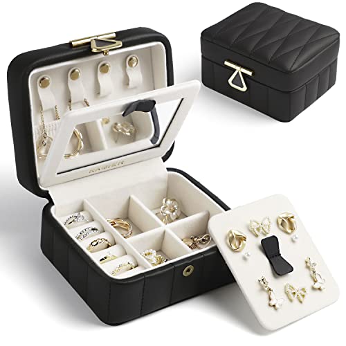 KAMIER Travel Jewelry Box Organizer, Diamond Quilted Leather Mini Jewelry Organizer Box, Small Jewelry Box for Women, Portable Travel Jewelry Case with Mirror, Black