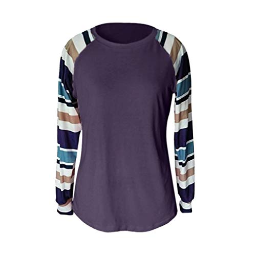 DEATU Womens Shirts Clearance! Ladies Teen Women Casual Autumn Classic Striped Long Sleeve O Neck Tops Blouses T Shirts(Purple,L)