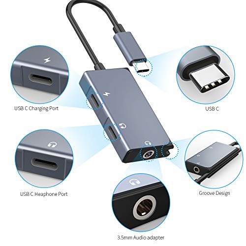 USB C to Headphone Adapter, 3 in 1 USB C to 3.5mm Audio with USB Type C Female Audio Port + PD Power Port, Built-in DAC Technology Ensure Stable for Galaxy Note 10 Aux Adapter (Space Grey)