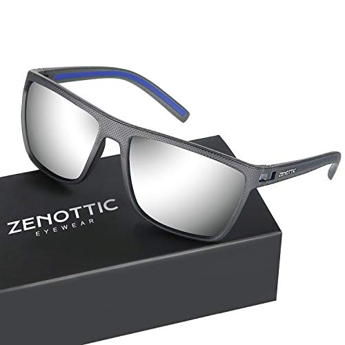 ZENOTTIC Men Square Sunglasses Polarized Lightweight TR90 UV Sun Glasses BT6204 (Gray Frame / Silver Mirrored Lens)