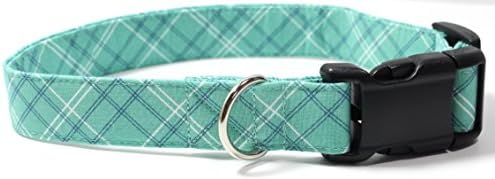Ruff Roxy Seafoam Plaid, Teal, Green, Blue Tartan Designer Dog Collar, Adjustable Handmade Fabric Collars