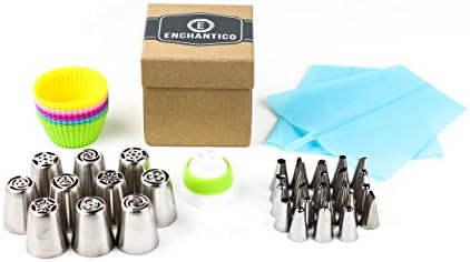 Premium Cake Decoration Bundle By Enchantico - All-Inclusive 48 pc Essentials Set - Contains Stainless Steel Cake Decorating Tips, Russian Piping Tips, Couplers, Reusable Icing Bags &amp; Cup Cake Molds