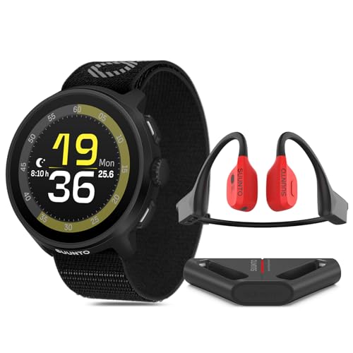 SUUNTO Run Sport Watch, Running GPS Watch All Black (w/Textile Strap) & SUUNTO Wing Open-Ear Bone Conduction Sports Bluetooth Headphones w/Charging Stand Red