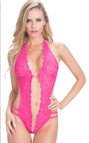 R&R Teddy Sexy Lingerie Womenswear Teddy Lace Nightie Nightie Open Cup Crotchless Mini Bodysuit (M, Rose Red)