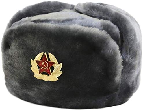Russian Soviet Army Fur Military Cossack Ushanka Hat (Gray, 60/L)