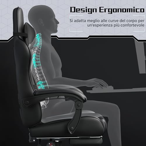 Yaheetech Ergonomic Massage Reclining Gaming Chair with Footrest, Headrest and Lumbar Support Faux Leather Padded Armrests, Gamer Desk Chair with Swivel Casters, Black