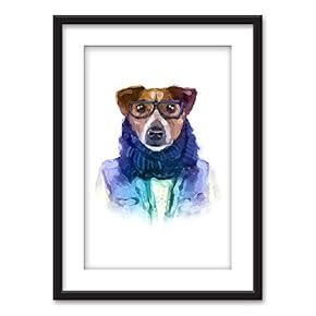 Framed Wall Art - Watercolor Style Mr Dog a Scarf Glasses - Black Picture Frames White Matting - 23x31 inches