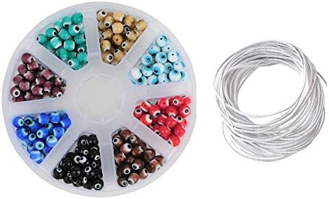 Turkish Eye 8 Kinds 400 Pcs Mixed Colour Handmade Evil Eye 6mm Round Charms Spacer Beads Loose Beads for Bracelets Necklace Jewelry Making with White Bead Cords 25Meter 1mm Set