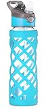 SWIG SAVVY 25oz Glass Water Bottle - Protective Silicone Sleeve With 3 Interchangeable Leak-proof Caps Sleek, Durable & Stylish – PBA Free – Break Resistant Borosilicate Glass (Blue, 1 Pack)