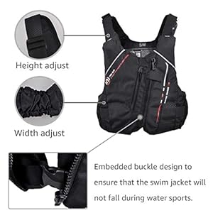 Zeraty Schwimmjacke für Erwachsene 50N Schwimmweste für Kanu-Kajak-Segeln und andere Wassersportarten 18 Schnorchelmasken 41V4K2ier8L. SS300 Material: Nylon + EPE Auftriebsbaumwolle mit hoher Dichte.
Straddle verstellbare Riemen leicht Lockerheit zu justieren und den Körper passen.
Eingebettetes Schnallendesign, um sicherzustellen, dass die Badejacke beim Wassersport nicht herunterfällt.