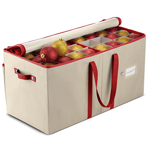 ZOBER Large Christmas Ornament Storage Box - Stores 128 Ornaments W/Dividers - Non-Woven, Durable Christmas Storage Containers - Dual Zipper - Ivory
