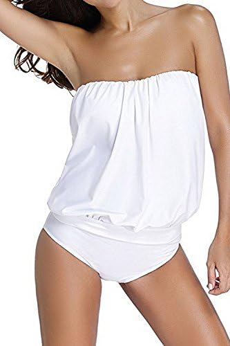 FDH21K21J2 Womens Sexy Bandeau Blouson Tankini with Breifs 2pcs Swimsuit Bikini RedLarge