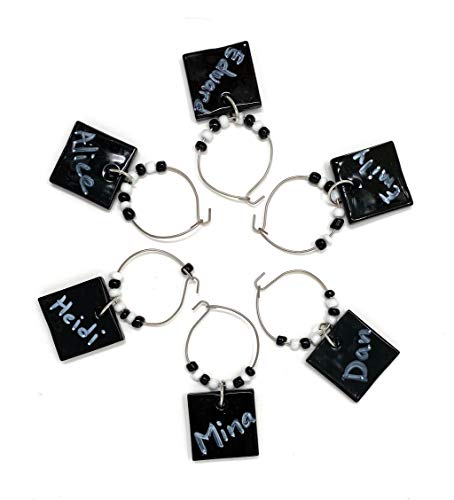 Wine Glass Charms with Chalk Marker to Write Names, Reusable for Parties, Holidays, Gifts and Decoration (Black, 6 Pack) - Thumbnail 3