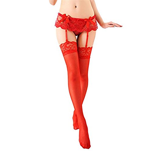 MISMXC Sexy Womens Lace Garter Belt Panties & Sheer Stockings Lingerie Set (Red)