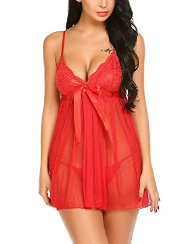 Avidlove Lace Babydoll Sexy Lingerie Nightie Full Slip Chemise Dress (Red, X-Large)
