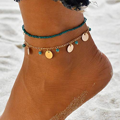 Yean Handcess Boho Double Turquoise Anklet Sequins Ankle Bracelet Gold Beads Foot Chain for Women and Girls