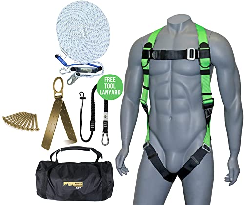 Photo 1 of AFP 50FT Fall Protection Roofer Kit Braided Vertical Lifeline w/Rope Grab, 1 D-Ring Safety Harness, Hinged Anchor, Ballistic Nylon Tool Bag, Free Tool Lanyard | OSHA & ANSI Rated