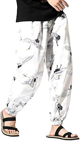 wodceeke Harem Pants for Men, Cotton Pockets Printed Vintage Hip Hop Baggy Wide Leg Pants Streetwear