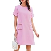 Wenrine Women's Tweed Mini Dress Crew Neck Work Office Elagant Formal Summer Short Sleeve A Line Dresses Pink
