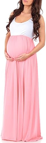 Trancylight Women Casual Sleeveless Color Block Maternity Dresses Stretch Maxi Tank Dresses (Pink, L)