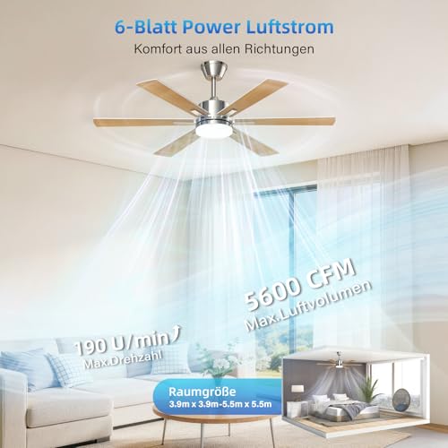 EppieBasic Ventilateur Plafond avec Lumiere Salon: 132 cm Ventilateur Plafond Moteur DC Silencieux avec Télécommande/Appli – 6 Vitesses, Design Moderne, 6 Pales Aspect Bois pour Chambre