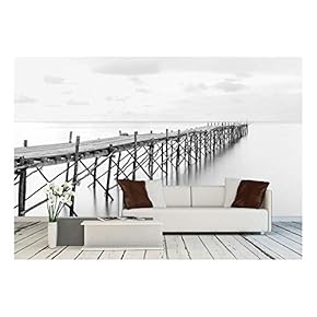 Black and White Photography of a Beach Wooden Pier - Removable Wall Mural | Self-Adhesive Large Wallpaper - 66x96 inches