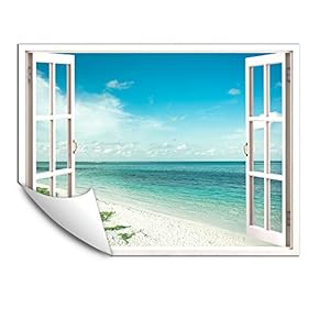 Wall Murals for Bedroom Fake Window Beach White Window Removable Wallpaper Peel and Stick Wall Stickers - 24x32 inches