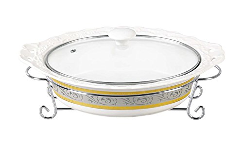 D'Lusso Designs Two Tone Design Fourteen Inch Oval Casserole With Metal Stand