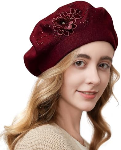 yolrdiw Fashion French Beret Knitted Flower Hat Embroidered 