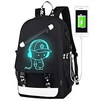 FLYMEI Anime Luminous Backpack, Laptop Backpack with USB Charging Port, Bookbag for College with Anti-Theft Lock, Black Travel Bag Cool Fashion Backpack for Work, 17.7