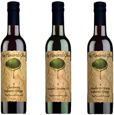 Holiday Flavor Gift Pack -- 3 Pack Assorted Flavors, Cranberry Balsamic &amp; Mandarin Orange Balsamic Vinegars (Italy), Toasted Sesame Oil