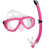 Snorkel Mask Set - KIDS Snorkeling Gear - Double Lens Diving Mask & Snorkel Semi Dry Top, Lower Purge Valve, Perfect for Diving, Snorkeling, Swimming -Ivation,Pink