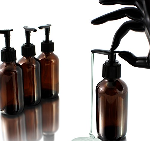 4oz Amber Glass Boston Round Pump Bottles (4 Pack); Great for Lotions, Liquid Soap, Aromatherapy and More