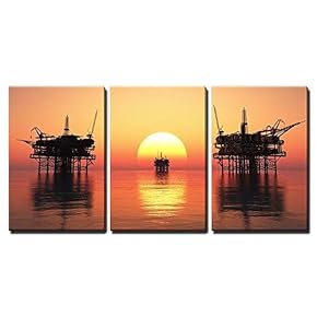 3 Piece Canvas Wall Art - Oil Rig at Late Evening - Modern Home Art Stretched and Framed Ready to Hang - 16"x24"x3 Panels