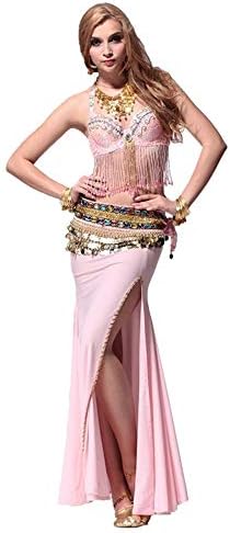 Iddefee Dance Dress Belly Dance Costume Belly Dance Suit Bra + Beaded Skirt + Two Rows of Diamond Waist Chain Suitable for Home, Etc. Dance Dress for Women (Color : Pink, Size : M)