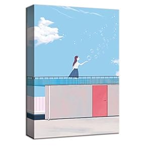 Canvas Wall Art Young Girl on Top of Building Touch Bubbles Painting Artwork for Home Decor Framed - 12x18 inches