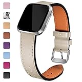 Maledan Leather Bands Compatible with Fitbit Versa Women Men, Replacement Strap Accessories Band Compatible with Fitbit Versa Smart Watch/Versa Lite/Versa SE, Small, Beige