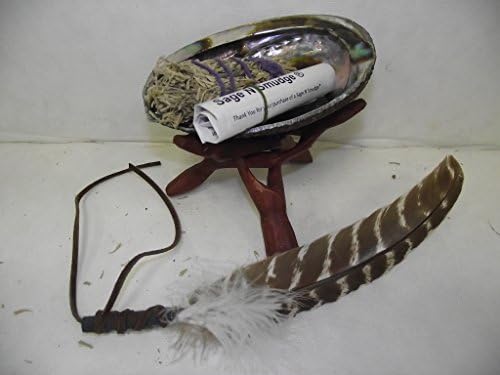 Sage Smudge Kit for Home Blessing and Purification Complete with Sage Abalone Shell Stand Barred Feather with White Accent and Directions
