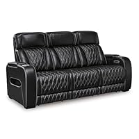 Signature Design by Ashley Boyington Contemporary Leather Match Power Reclining Sofa with Adjustable Headrest, Cup Holder, USB Charging Ports, Air Massage System and LED Lighting, Black