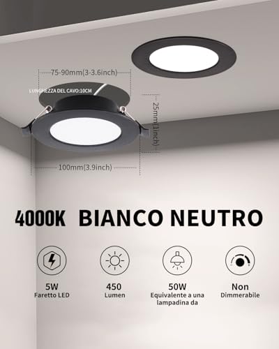 Grebeam Pack of 20 LED Recessed Spotlights for Plasterboard 5W, Ceiling Spotlights, Black, Natural White 4000K, Ultra Thin 25 mm, Recessed LED Spotlight IP44 for Bathroom Kitchen, Hole Ø75-90 mm, AC