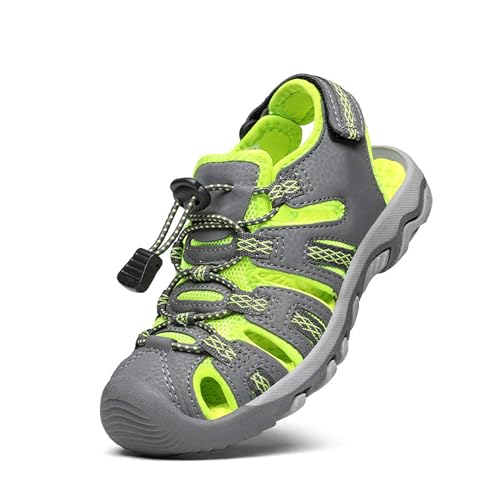 Jungen Mädchen Sandalen Sommer Geschlossene Sport Turnschuhe Klettverschluss Sportliche Sportsandalen für Kinder,Size 28,Grau/Neon/Grün,160912-K