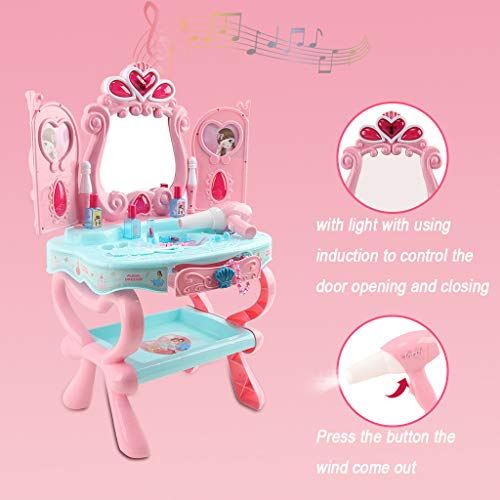 Vanity Set Girls Toy Makeup Accessories Play Set Beauty Salon Vanity Pretend Play Kids Vanity Table with Induction Function & Makeup Accessories - Thumbnail 4