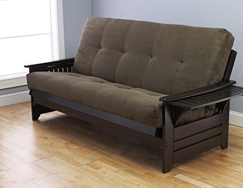 Queen Size Phoenix Espresso Frame w/ 8 Inch Mattress Microfiber Suede Futon Set Wood Sofa Bed (Frame w/ Olive Mattress Queen Size)