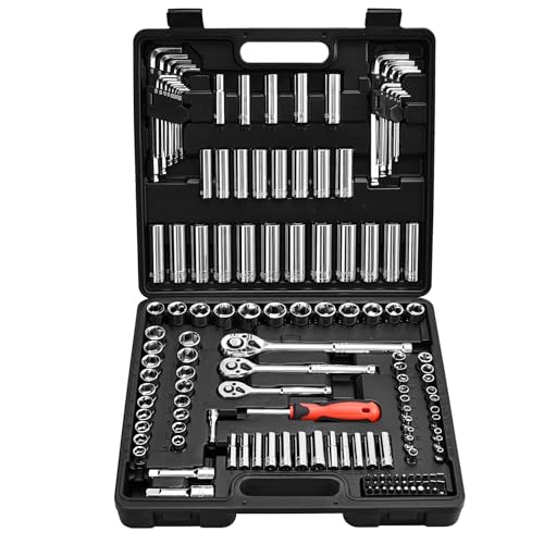 VEVOR Socket Set, 149 Pieces, 3/8 & 1/4 & 1/2 inch Drive Socket and Ratchet Set, SAE and Metric, Deep and Shallow, Mechanic Tool Kit with Bits, Accessories, Storage Case, CR-V Alloy Steel, for Repair at Amazon