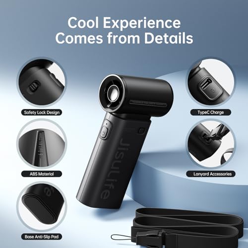 JISULIFE Portable Handheld Fan Turbo Power [18 Hours Max] 5 Speed Wind 5000mAh Rechargeable Mini Pocket Design Personal Fan for Travel Concerts Makeup - Black