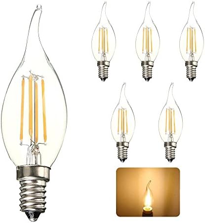 5 Pack 4-Watt Filament LED Chandelier Bulb C35 Flame Tip Filament Lamp E14 Candelabra Bulb Base Warm White Lighting 3000k AC110V UL Listed Non-Dimmable