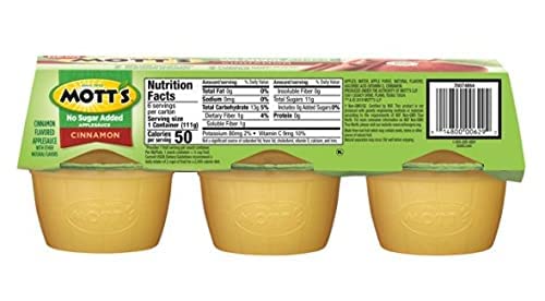 MOTT’S NO SUGAR ADDED CINNAMON APPLESAUCE, 3.9 OZ CUPS, 6 PACK