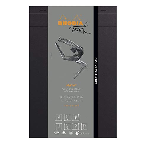 RHODIA TOUCH 116109C - Bloc Grey Maya Pad - A4+ - Réglure Cross’N’Dot - 50 Feuillets - Papier Clairefontaine Maya Gris 120 g/m² - pour la Calligraphie et le Dessin Précis au Crayon, Liner, Plume