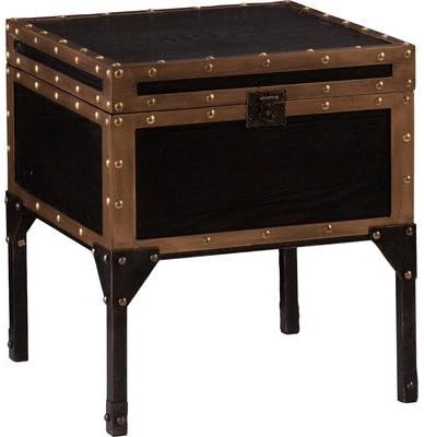 Industrial Draven Travel Trunk End Table in an Antique Black Finish and Dark Antique Bronze, Perfect for Storing Living Room Accessories Like Throw Pillows or Games to Play